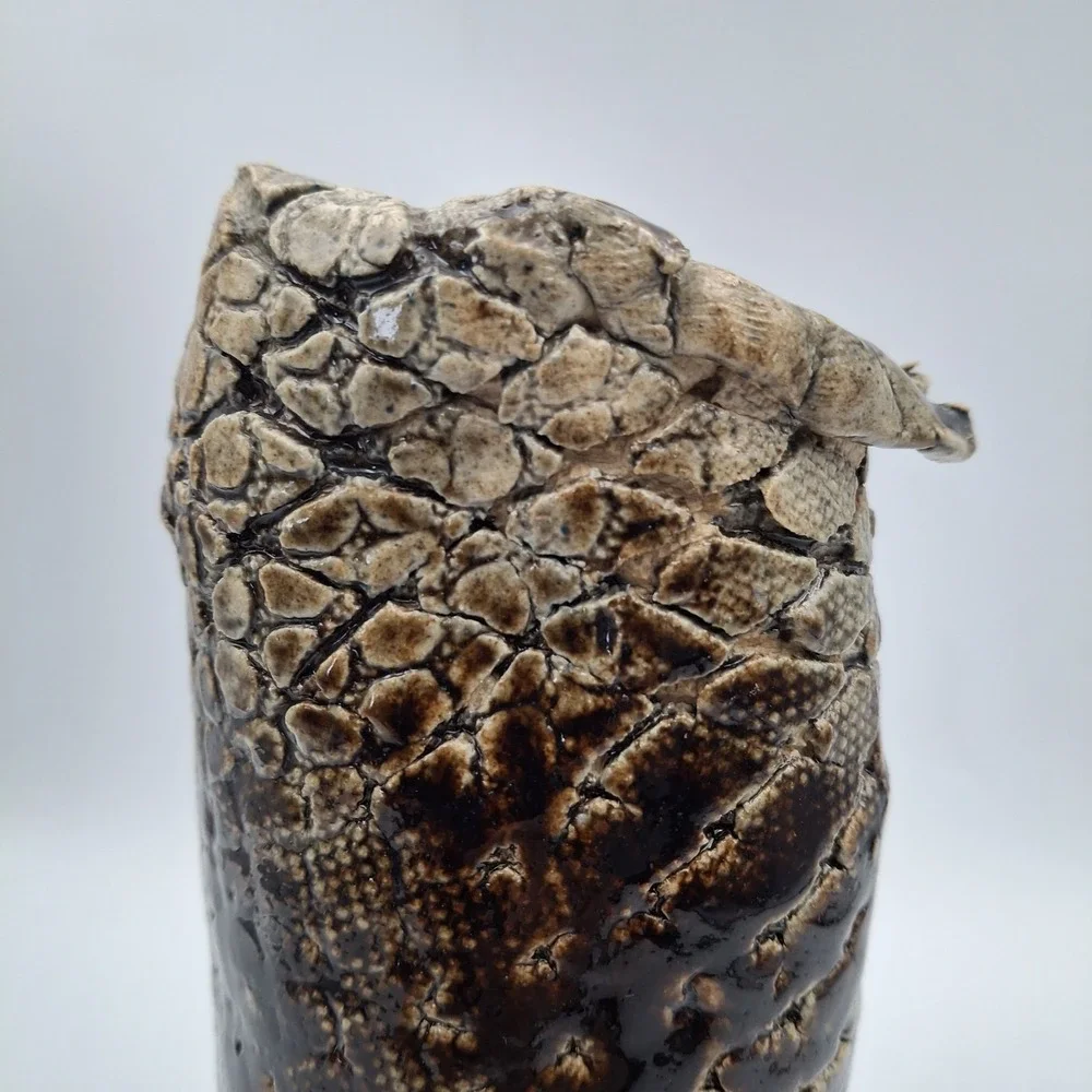 Handcrafted Studio Art Brown Scales Textured Glazed Leaning Pottery‎ 9